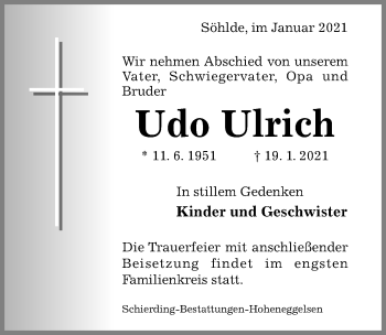 Traueranzeige von Udo Ulrich von Hildesheimer Allgemeine Zeitung