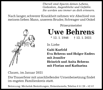 Traueranzeige von Uwe Behrens von Hildesheimer Allgemeine Zeitung