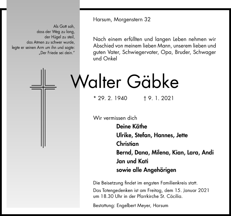  Traueranzeige für Walter Gäbke vom 13.01.2021 aus Hildesheimer Allgemeine Zeitung