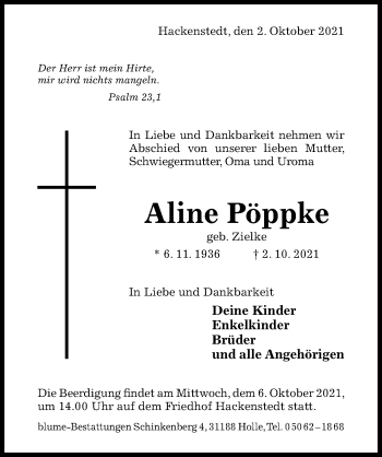 Traueranzeige von Aline Pöppke von Hildesheimer Allgemeine Zeitung