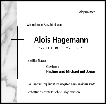 Traueranzeige von Alois Hagemann von Hildesheimer Allgemeine Zeitung