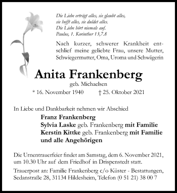 Traueranzeige von Anita Frankenberg von Hildesheimer Allgemeine Zeitung