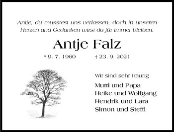 Traueranzeige von Antje Falz von Hildesheimer Allgemeine Zeitung