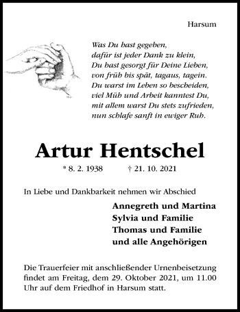 Traueranzeige von Artur Hentschel von Hildesheimer Allgemeine Zeitung