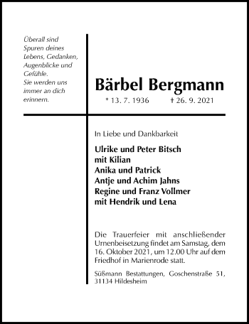 Traueranzeige von Bärbel Bergmann von Hildesheimer Allgemeine Zeitung