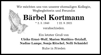 Traueranzeige von Bärbel Kortmann von Hildesheimer Allgemeine Zeitung