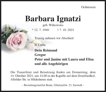 Traueranzeige von Barbara Ignatzi von Hildesheimer Allgemeine Zeitung