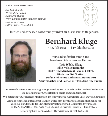 Traueranzeige von Bernhard Kluge von Hildesheimer Allgemeine Zeitung