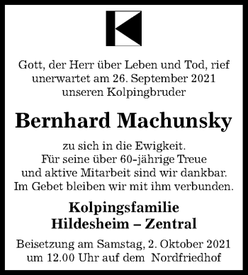 Traueranzeige von Bernhard Machunsky von Hildesheimer Allgemeine Zeitung
