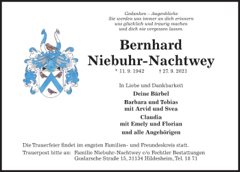 Traueranzeige von Bernhard Niebuhr-Nachtwey von Hildesheimer Allgemeine Zeitung