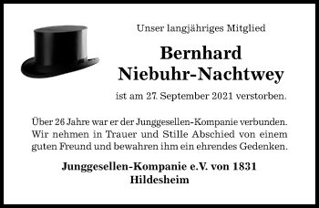 Traueranzeige von Bernhard Niebuhr-Nachtwey von Hildesheimer Allgemeine Zeitung