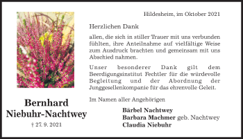 Traueranzeige von Bernhard Niebuhr-Nachtwey von Hildesheimer Allgemeine Zeitung