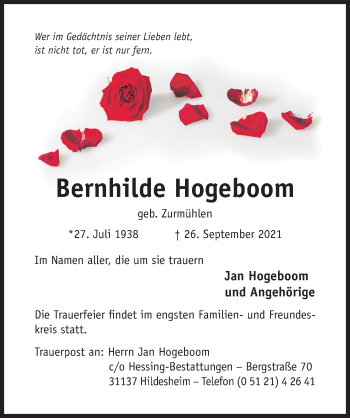 Traueranzeige von Bernhilde Hogeboom von Hildesheimer Allgemeine Zeitung