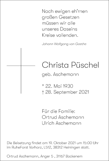 Traueranzeige von Christa Püschel von Hildesheimer Allgemeine Zeitung