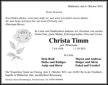 Traueranzeige von Christa Timm von Hildesheimer Allgemeine Zeitung