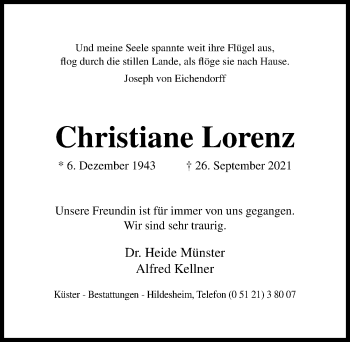 Traueranzeige von Christiane Lorenz von Hildesheimer Allgemeine Zeitung