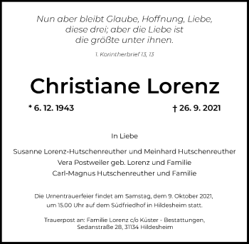 Traueranzeige von Christiane Lorenz von Hildesheimer Allgemeine Zeitung