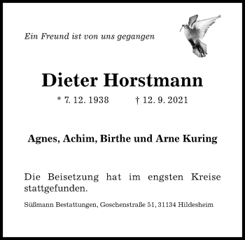 Traueranzeige von Dieter Horstmann von Hildesheimer Allgemeine Zeitung