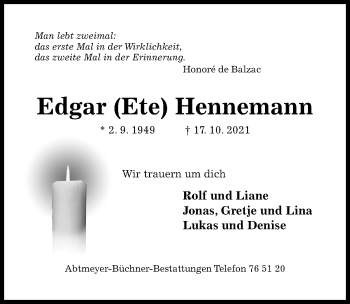 Traueranzeige von Edgar Hennemann von Hildesheimer Allgemeine Zeitung