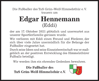 Traueranzeige von Edgar Hennemann von Hildesheimer Allgemeine Zeitung