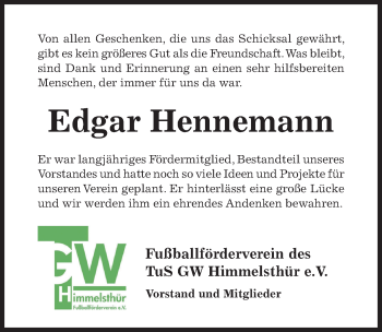 Traueranzeige von Edgar Hennemann von Hildesheimer Allgemeine Zeitung