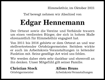 Traueranzeige von Edgar Hennemann von Hildesheimer Allgemeine Zeitung