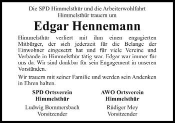 Traueranzeige von Edgar Hennemann von Hildesheimer Allgemeine Zeitung