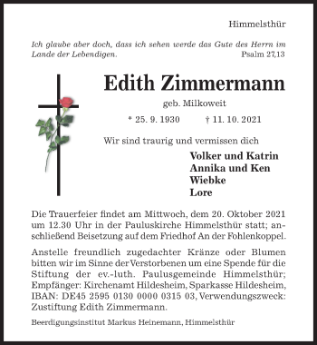 Traueranzeige von Edith Zimmermann von Hildesheimer Allgemeine Zeitung