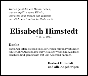 Traueranzeige von Elisabeth Himstedt von Hildesheimer Allgemeine Zeitung