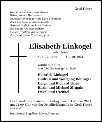 Traueranzeige von Elisabeth Linkogel von Hildesheimer Allgemeine Zeitung