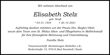 Traueranzeige von Elisabeth Stelz von Hildesheimer Allgemeine Zeitung