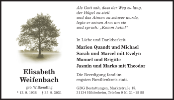 Traueranzeige von Elisabeth Weifenbach von Hildesheimer Allgemeine Zeitung