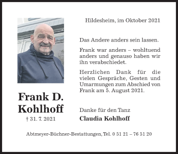 Traueranzeige von Frank D. Kohlhoff von Hildesheimer Allgemeine Zeitung