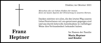 Traueranzeige von Franz Heptner von Hildesheimer Allgemeine Zeitung