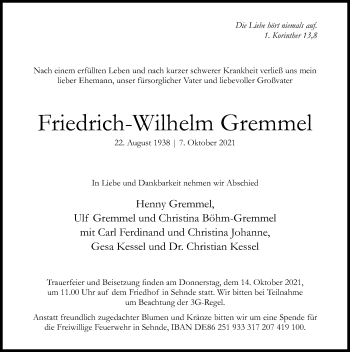 Traueranzeige von Friedrich-Wilhelm Gremmel von Hildesheimer Allgemeine Zeitung