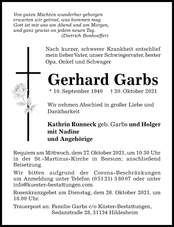 Traueranzeige von Gerhard Garbs von Hildesheimer Allgemeine Zeitung