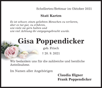 Traueranzeige von Gisa Poppendicker von Hildesheimer Allgemeine Zeitung
