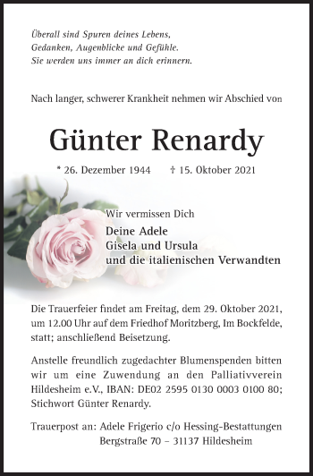 Traueranzeige von Günter Renardy von Hildesheimer Allgemeine Zeitung