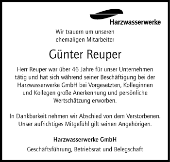 Traueranzeige von Günter Reuper von Hildesheimer Allgemeine Zeitung