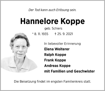 Traueranzeige von Hannelore Koppe von Hildesheimer Allgemeine Zeitung