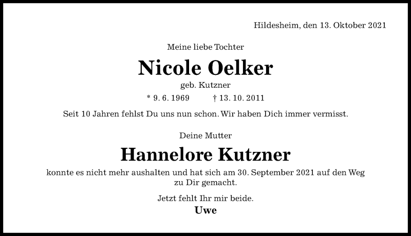  Traueranzeige für Hannelore Kutzner vom 13.10.2021 aus Hildesheimer Allgemeine Zeitung