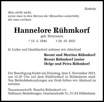 Traueranzeige von Hannelore Rühmkorf von Hildesheimer Allgemeine Zeitung