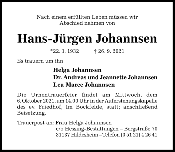 Traueranzeige von Hans-Jürgen Johannsen von Hildesheimer Allgemeine Zeitung