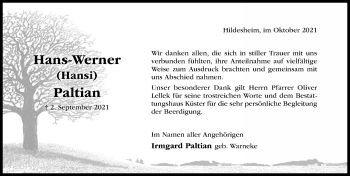 Traueranzeige von Hans-Werner Paltian von Hildesheimer Allgemeine Zeitung