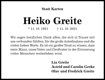 Traueranzeige von Heiko Greite von Hildesheimer Allgemeine Zeitung