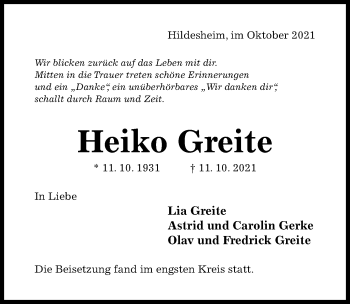 Traueranzeige von Heiko Greite von Hildesheimer Allgemeine Zeitung