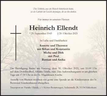 Traueranzeige von Heinrich Ellendt von Hildesheimer Allgemeine Zeitung