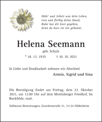 Traueranzeige von Helena Seemann von Hildesheimer Allgemeine Zeitung