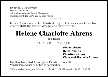 Traueranzeige von Helene Charlotte Ahrens von Hildesheimer Allgemeine Zeitung