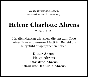 Traueranzeige von Helene Charlotte Ahrens von Hildesheimer Allgemeine Zeitung